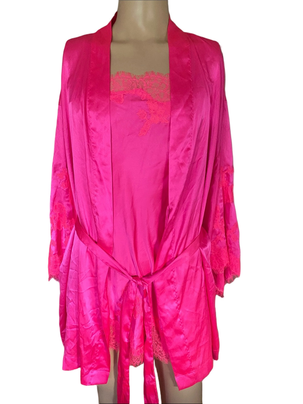 Victoria's Secret Vibrant Hot Pink Satin Robe & Chemise Set